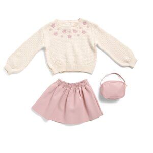 NWT HAPPILY GREY Toddler Girls Embroidered Cardigan & Leather Skirt Set w Purse